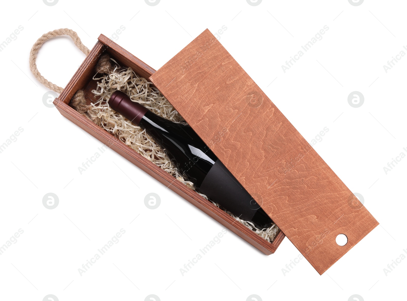 Photo of Wooden gift box with wine isolated on white, top view