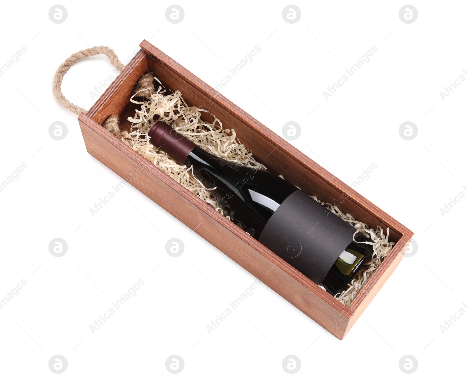 Photo of Wooden gift box with wine isolated on white, above view