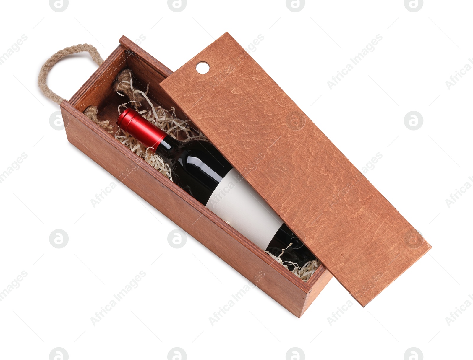 Photo of Wooden gift box with wine isolated on white, above view