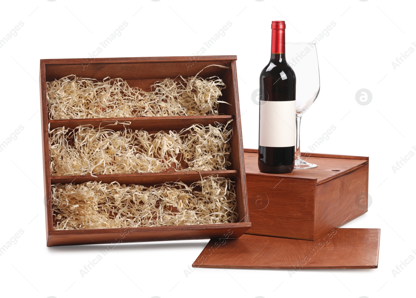 Photo of Wooden gift boxes with wine isolated on white