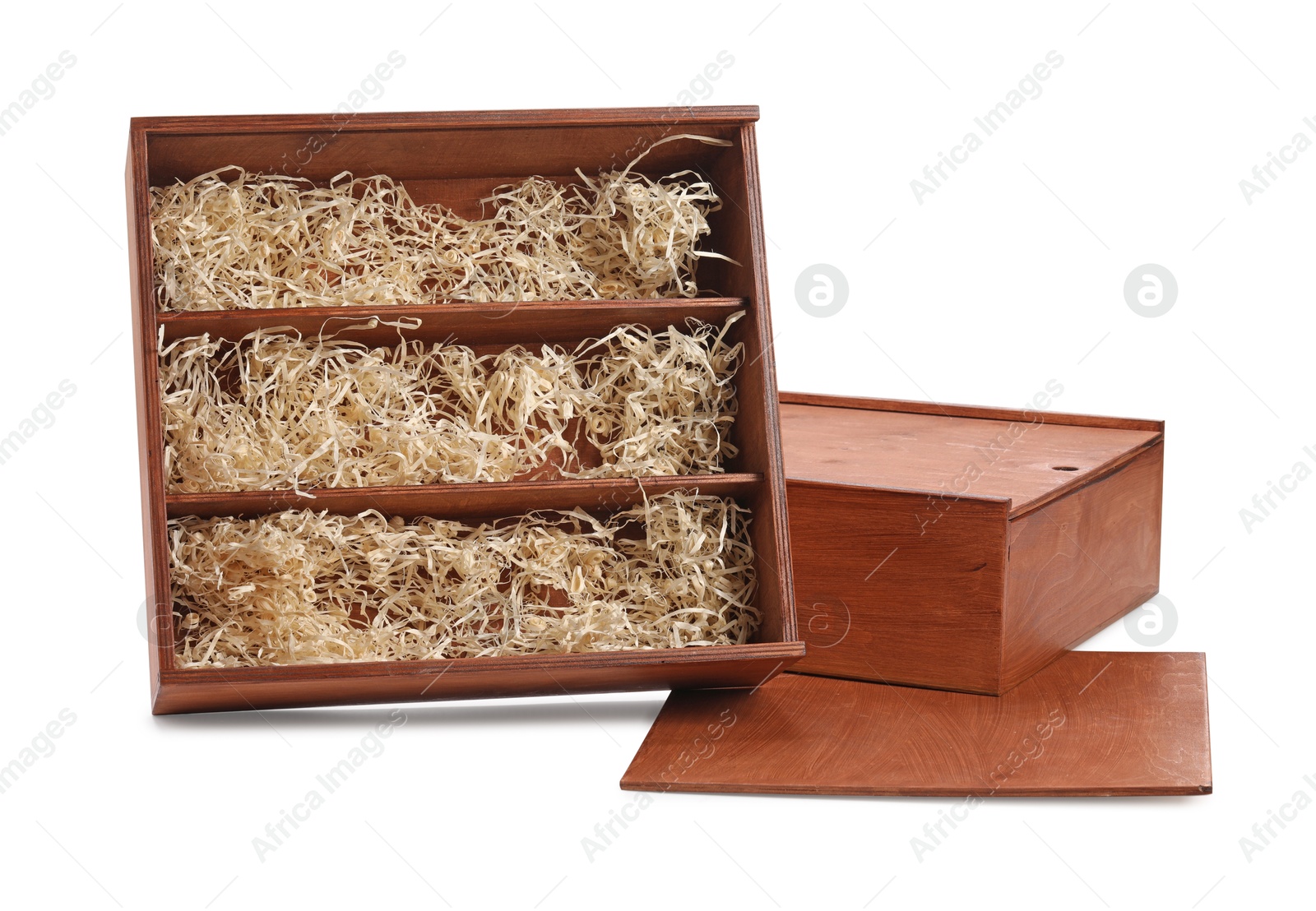 Photo of Open wooden wine boxes with straw isolated on white