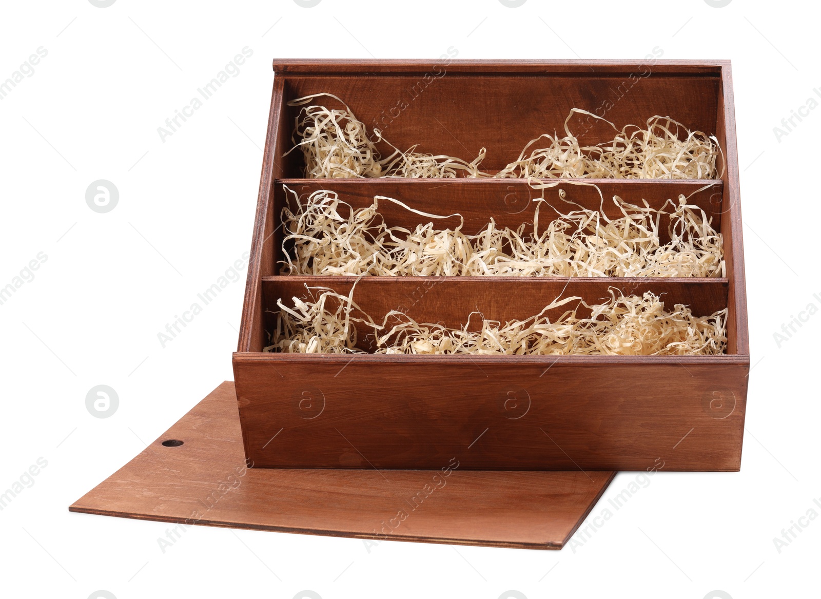 Photo of Open wooden wine box with straw isolated on white