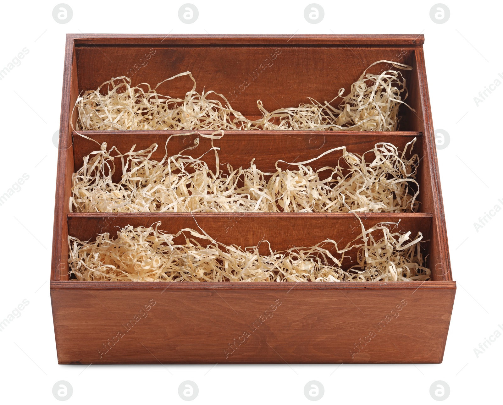 Photo of Open wooden wine box with straw isolated on white