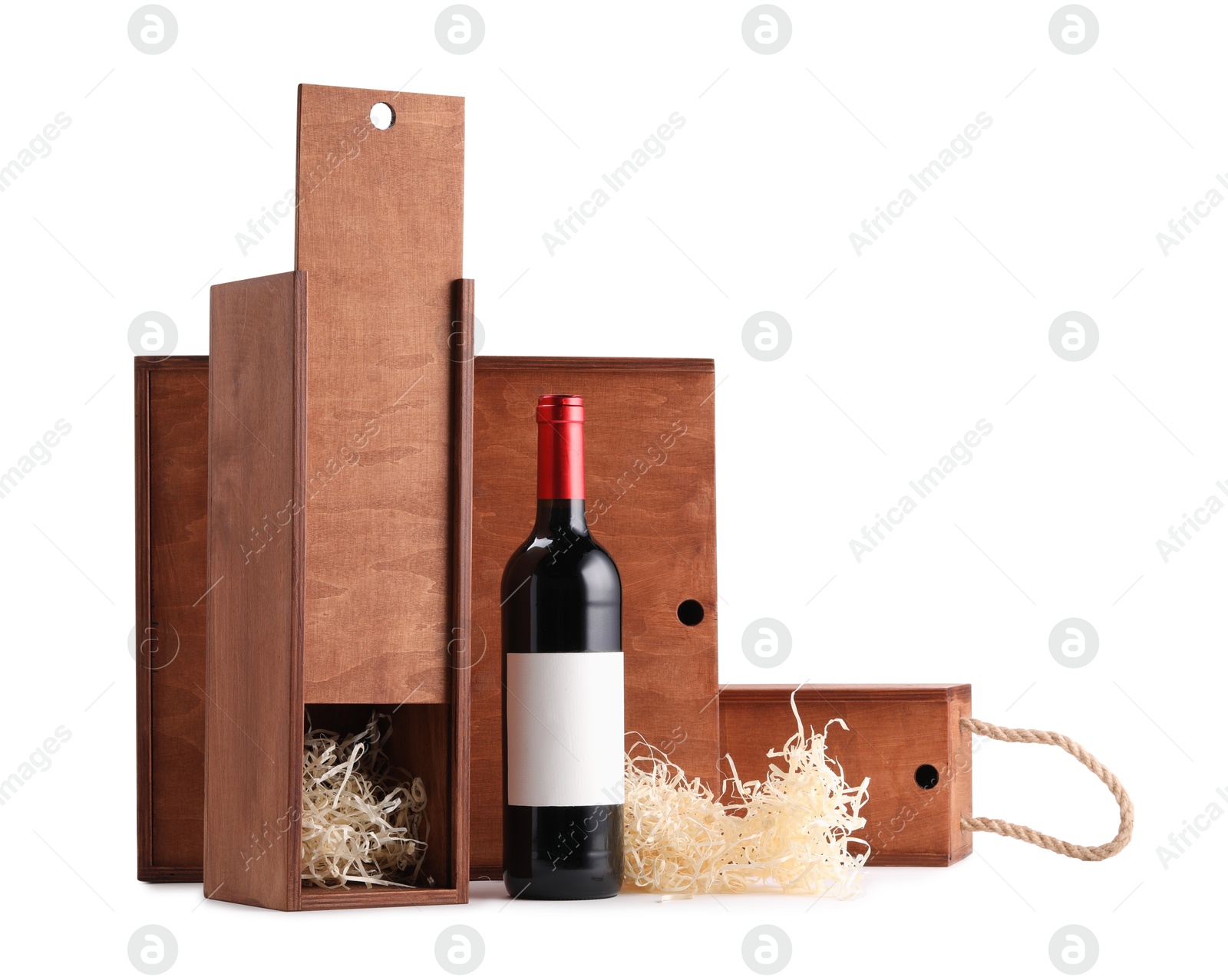 Photo of Wooden gift boxes with wine isolated on white