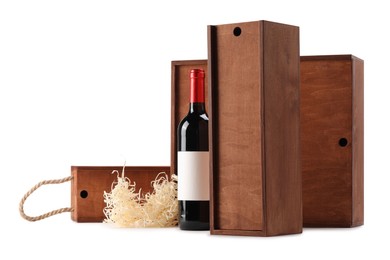 Wooden gift boxes with wine isolated on white