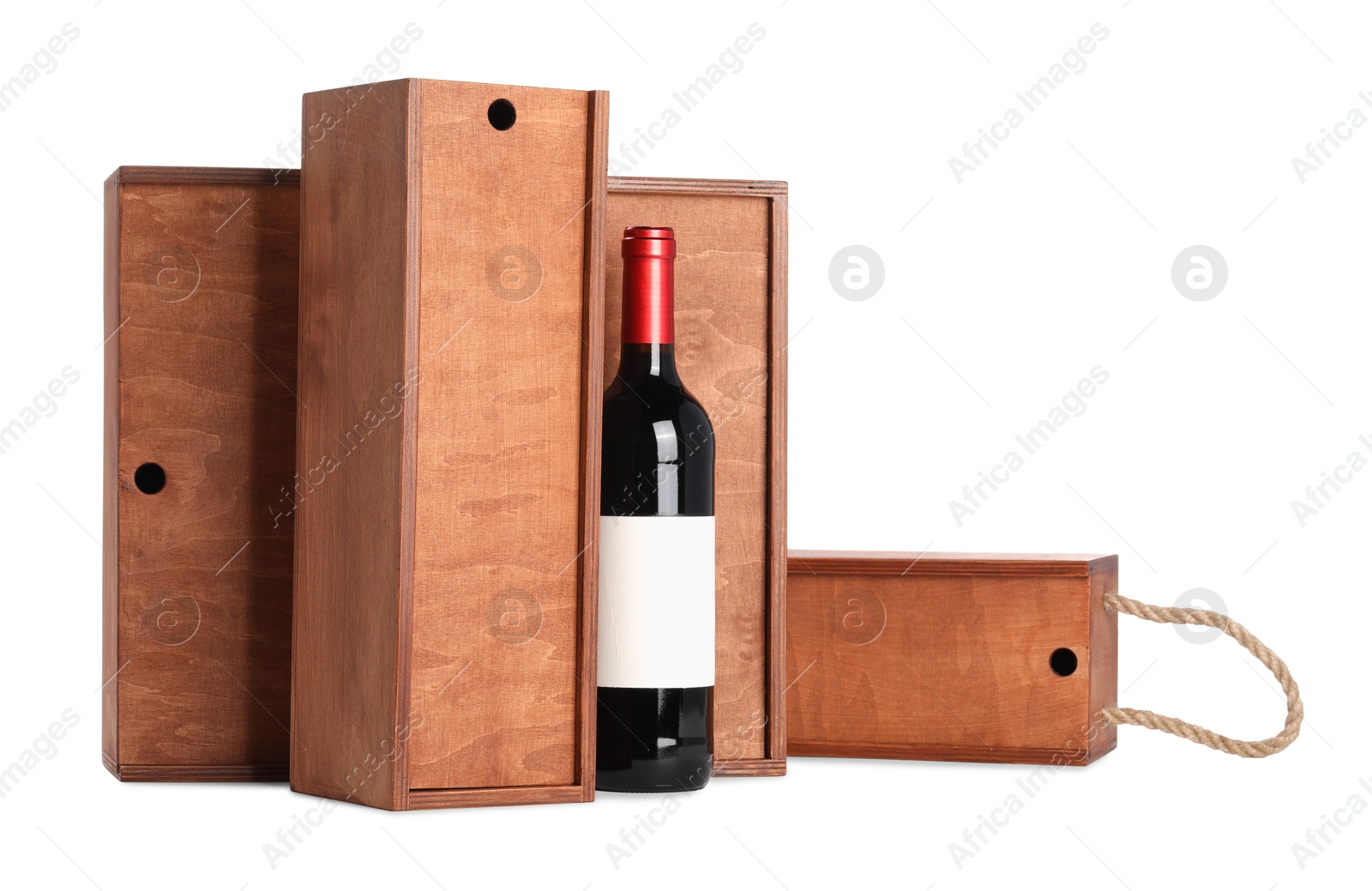 Photo of Wooden gift boxes with wine isolated on white