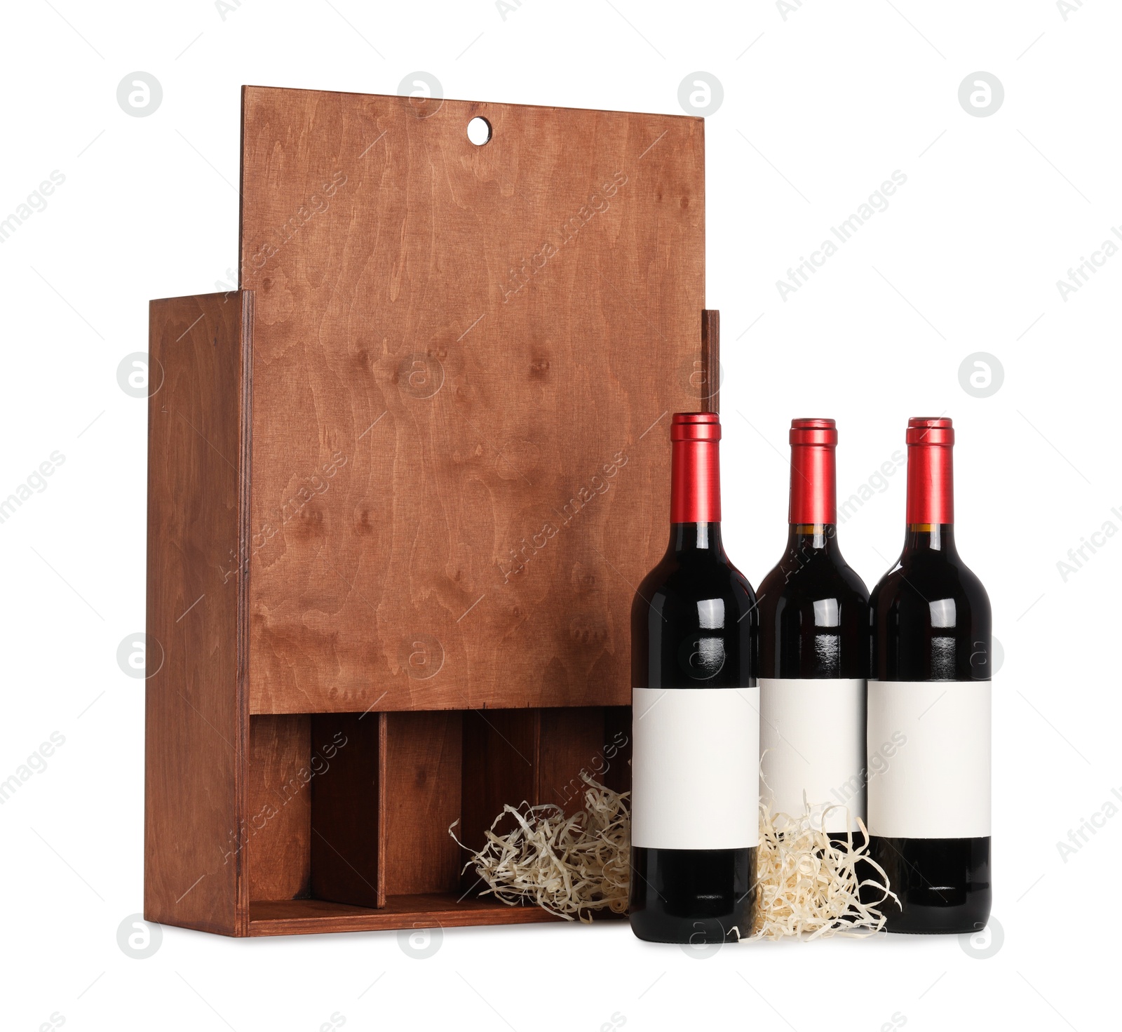 Photo of Wooden gift box with wine bottles isolated on white