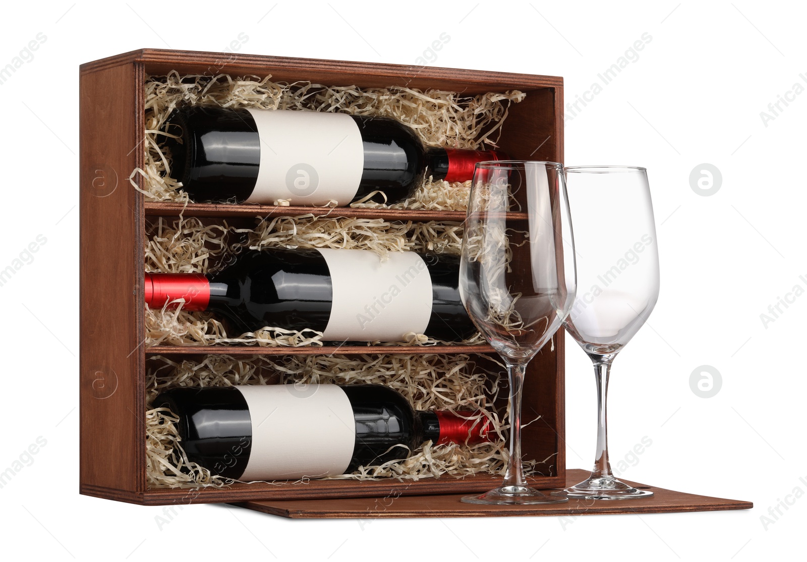 Photo of Wooden gift box with wine bottles and glasses isolated on white