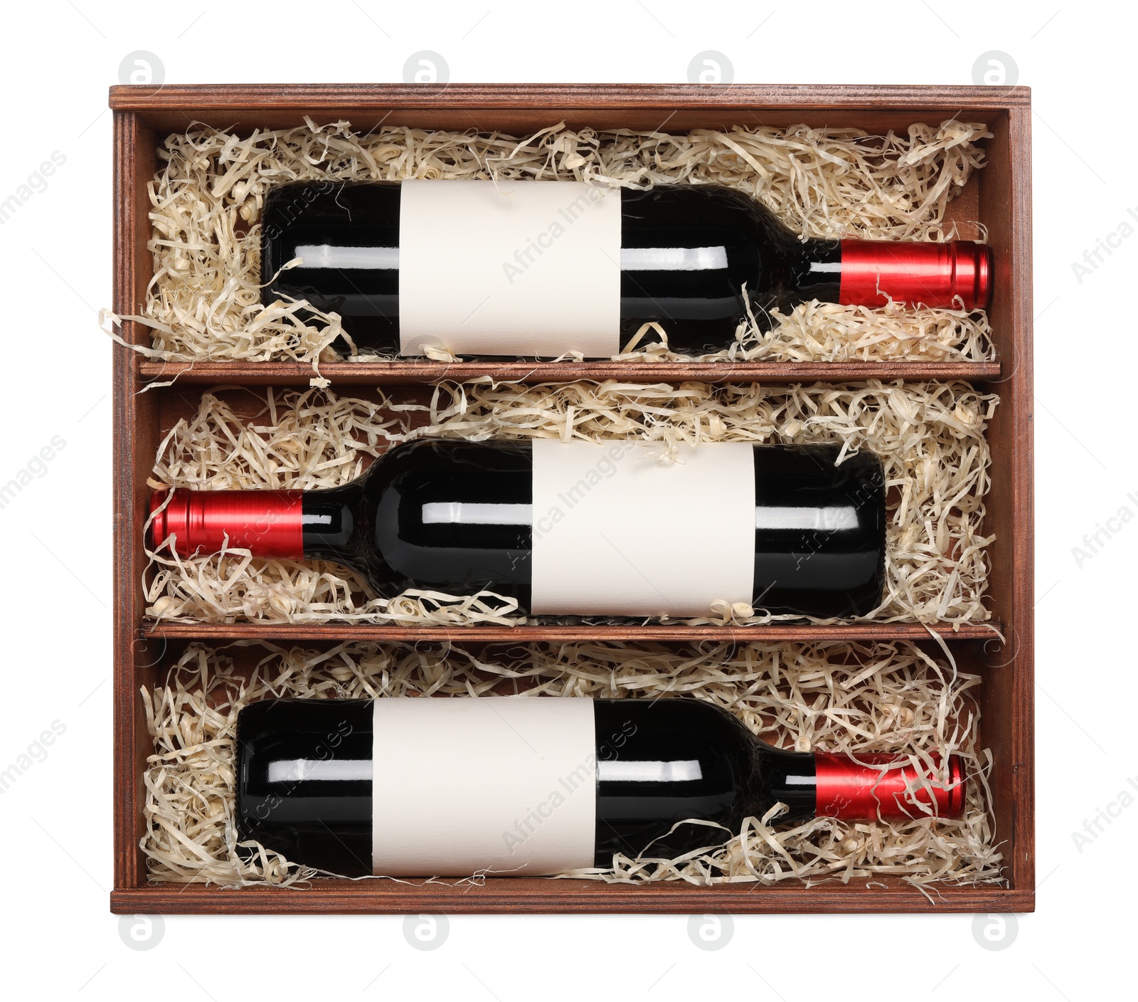 Photo of Wooden gift box with wine bottles isolated on white