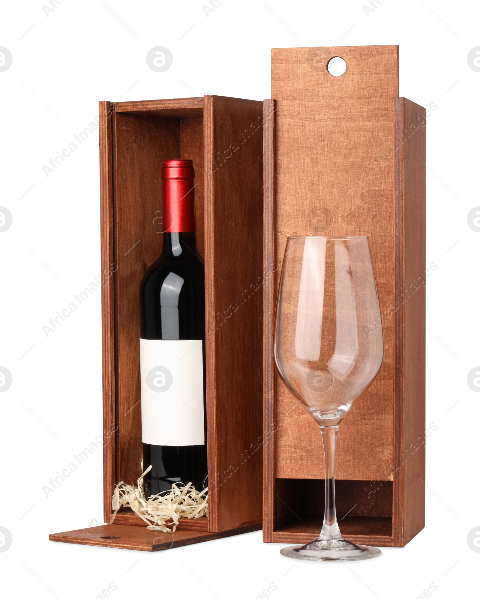 Photo of Wooden gift boxes with wine and glass isolated on white