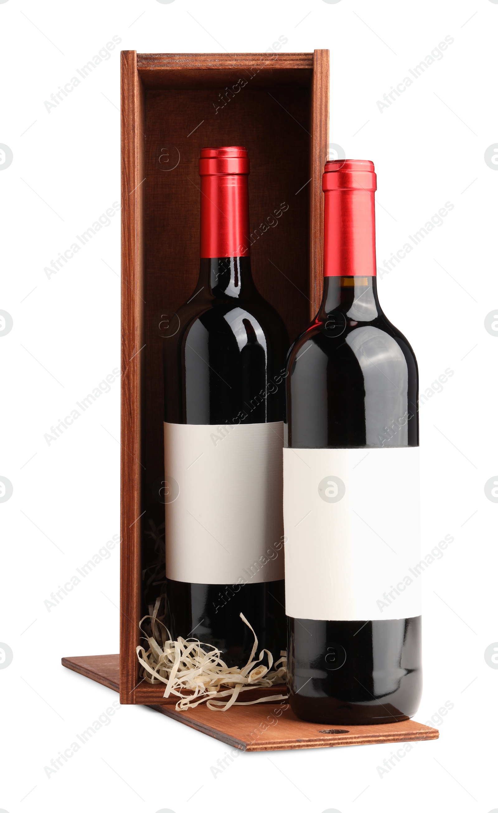 Photo of Wooden gift box with wine isolated on white