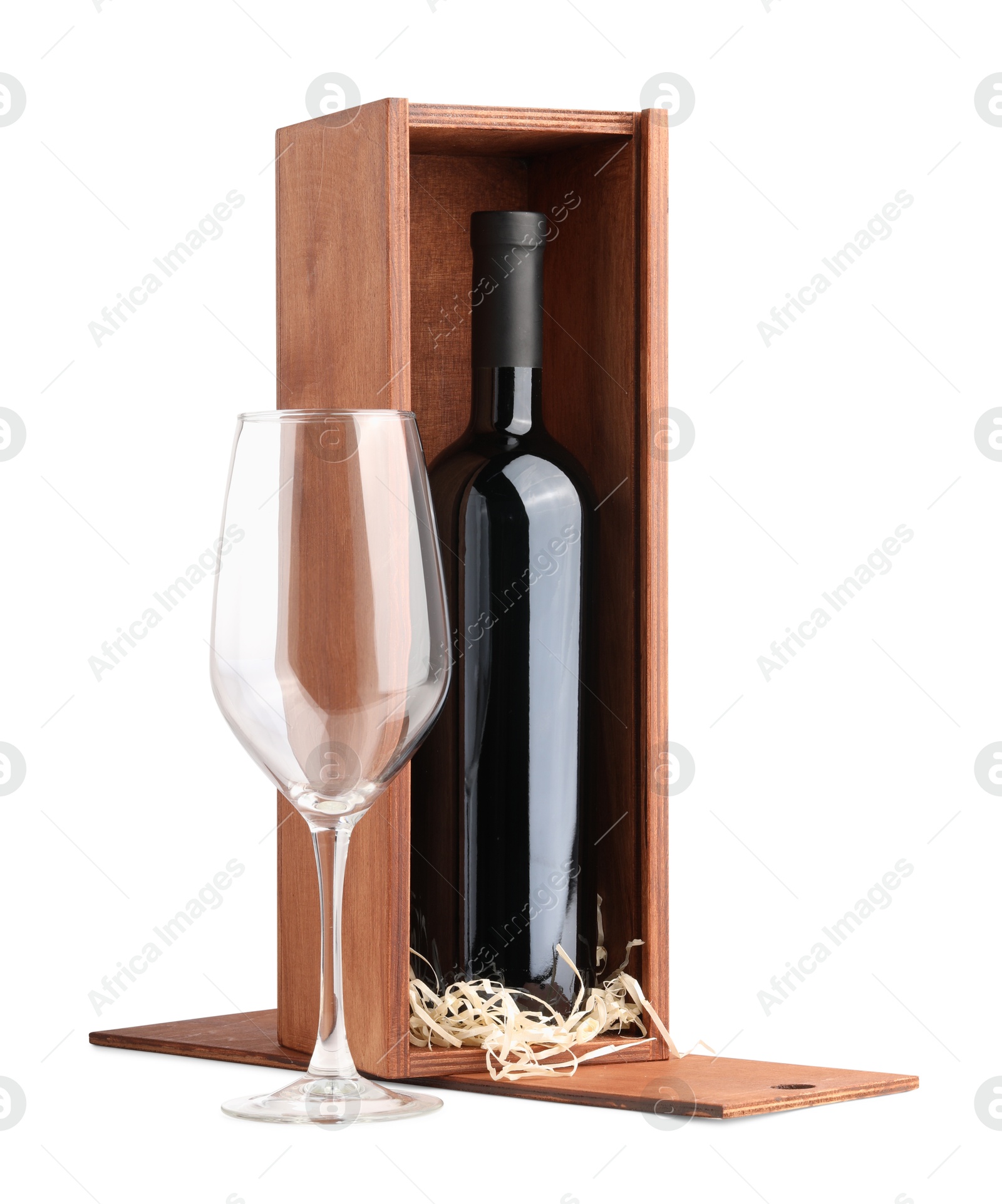 Photo of Wooden gift box with wine and glass isolated on white