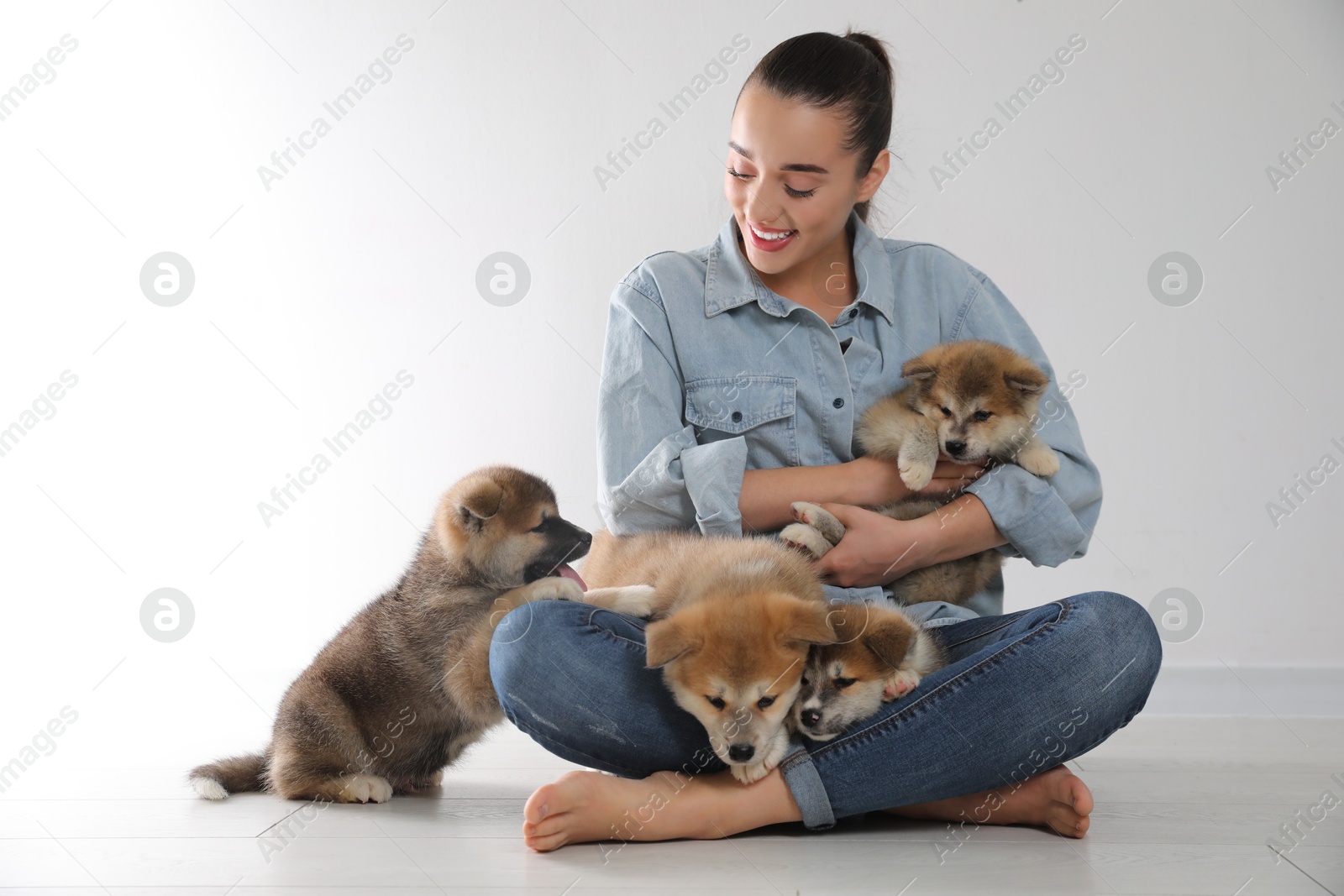 Photo of Woman with Akita Inu puppies sitting on floor near light wall