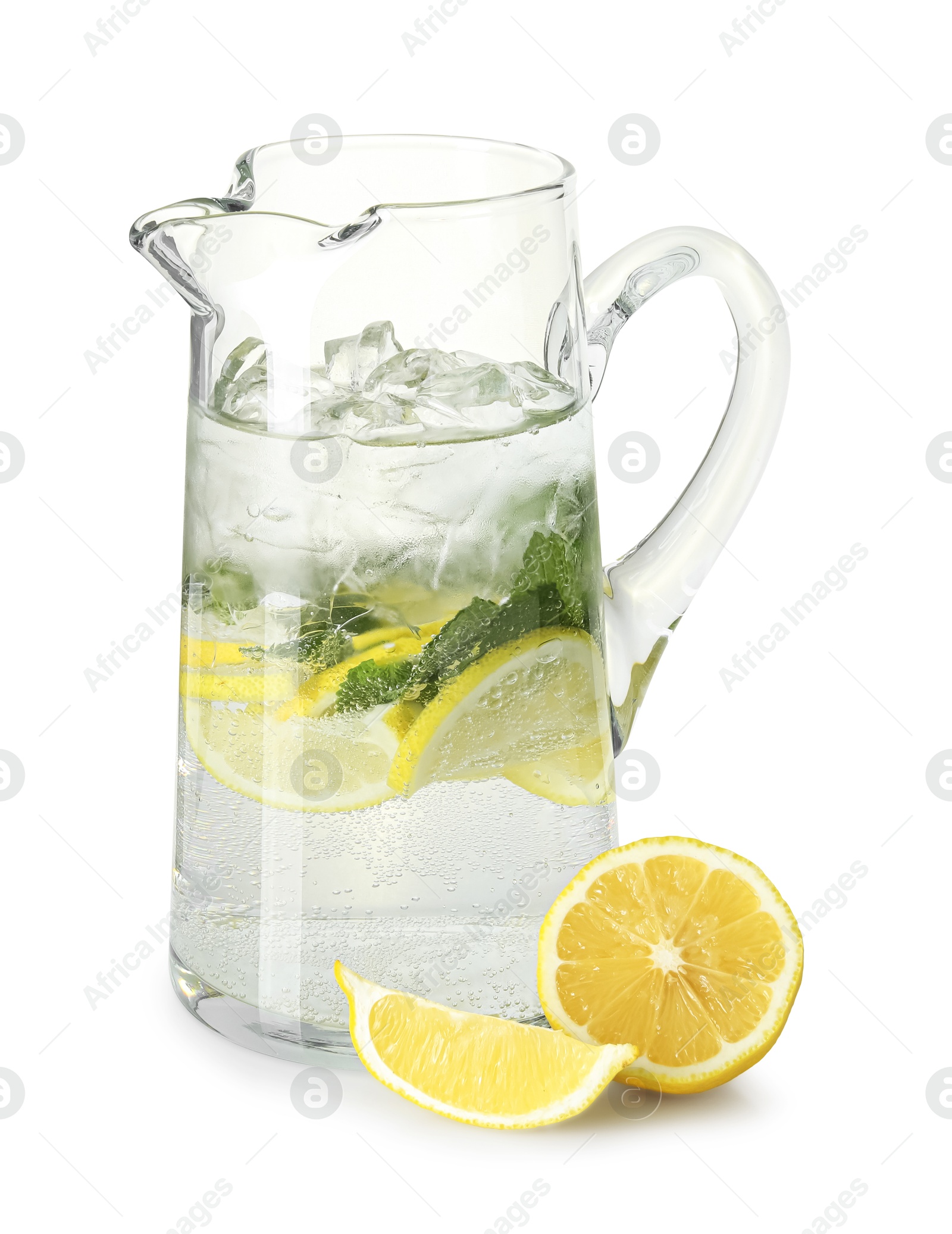 Photo of Refreshing lemonade with mint in jug and citrus fruits isolated on white