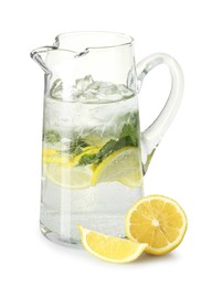 Photo of Refreshing lemonade with mint in jug and citrus fruits isolated on white