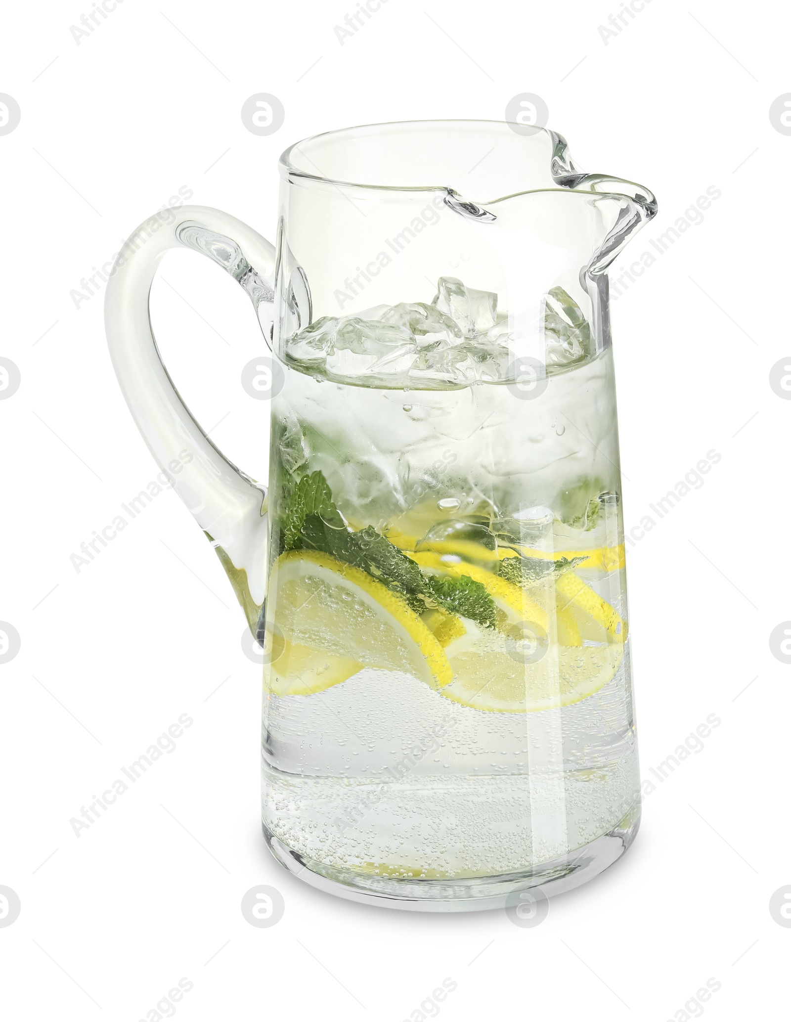 Photo of Refreshing lemonade with mint in jug isolated on white