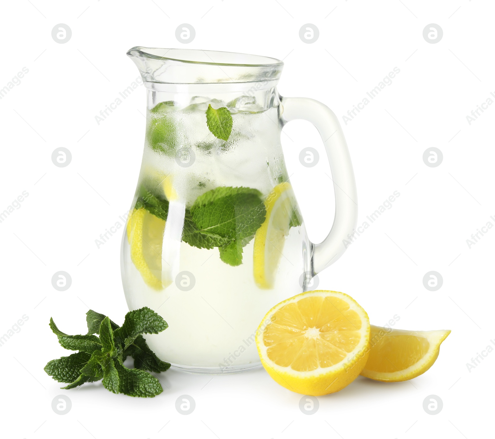 Photo of Refreshing lemonade with mint in jug and ingredients isolated on white