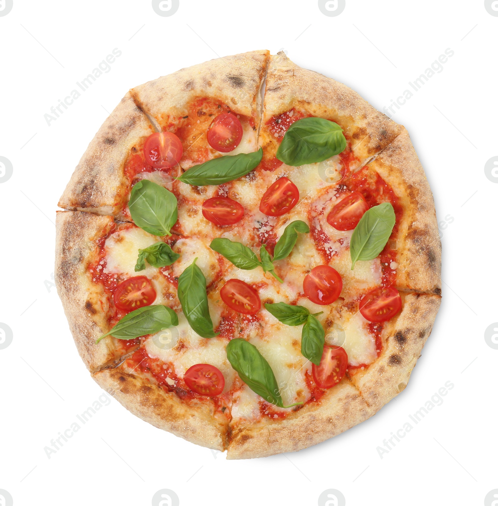 Photo of Delicious Margherita pizza isolated on white, top view