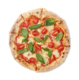 Delicious Margherita pizza isolated on white, top view