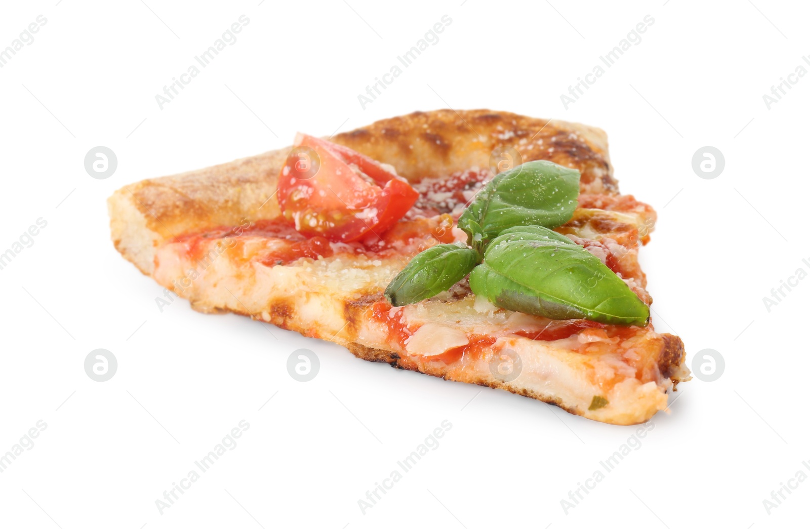 Photo of Piece of delicious Margherita pizza isolated on white