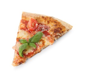 Piece of delicious Margherita pizza isolated on white