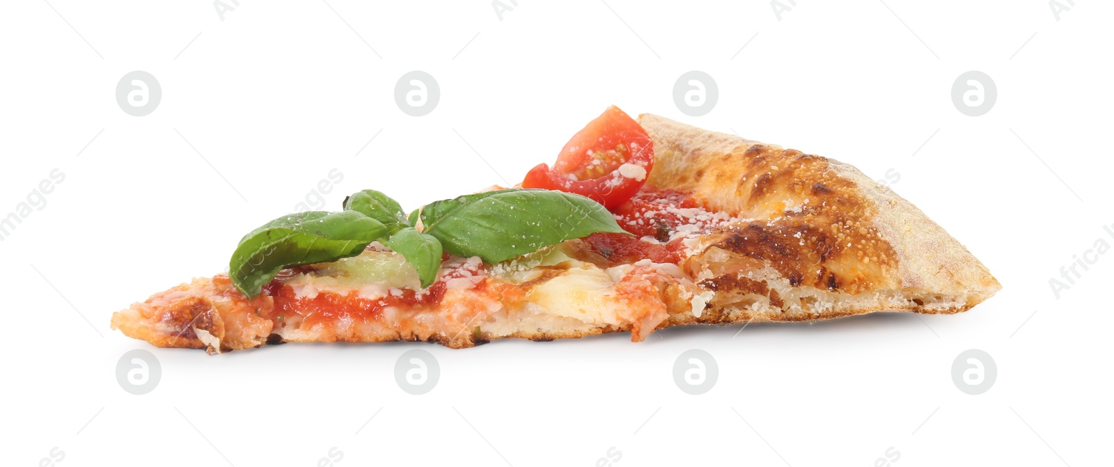 Photo of Piece of delicious Margherita pizza isolated on white