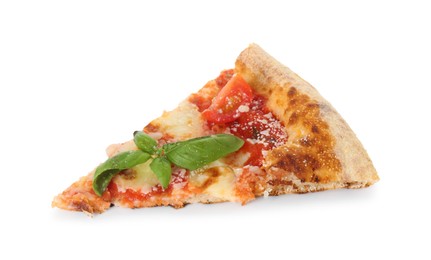 Piece of delicious Margherita pizza isolated on white