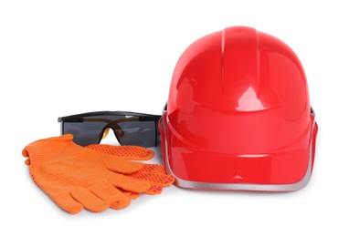 Hard hat, goggles and protective gloves isolated on white