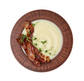 Delicious potato soup with bacon and microgreens in bowl isolated on white, top view