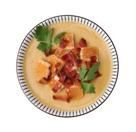 Photo of Delicious lentil soup with bacon and parsley in bowl isolated on white, top view