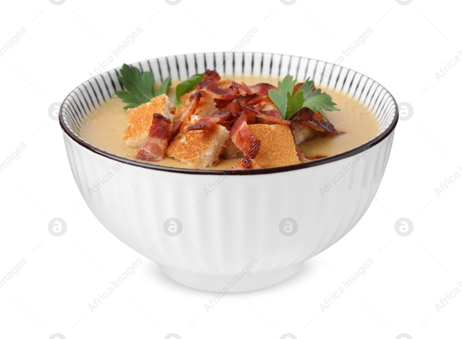 Photo of Delicious lentil soup with bacon and parsley in bowl isolated on white