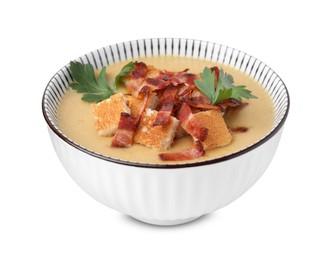 Delicious lentil soup with bacon and parsley in bowl isolated on white