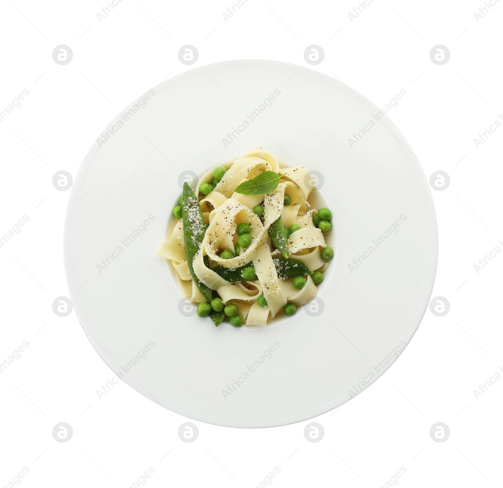 Photo of Delicious pasta with green peas isolated on white, top view