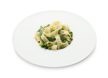 Photo of Delicious pasta with green peas isolated on white