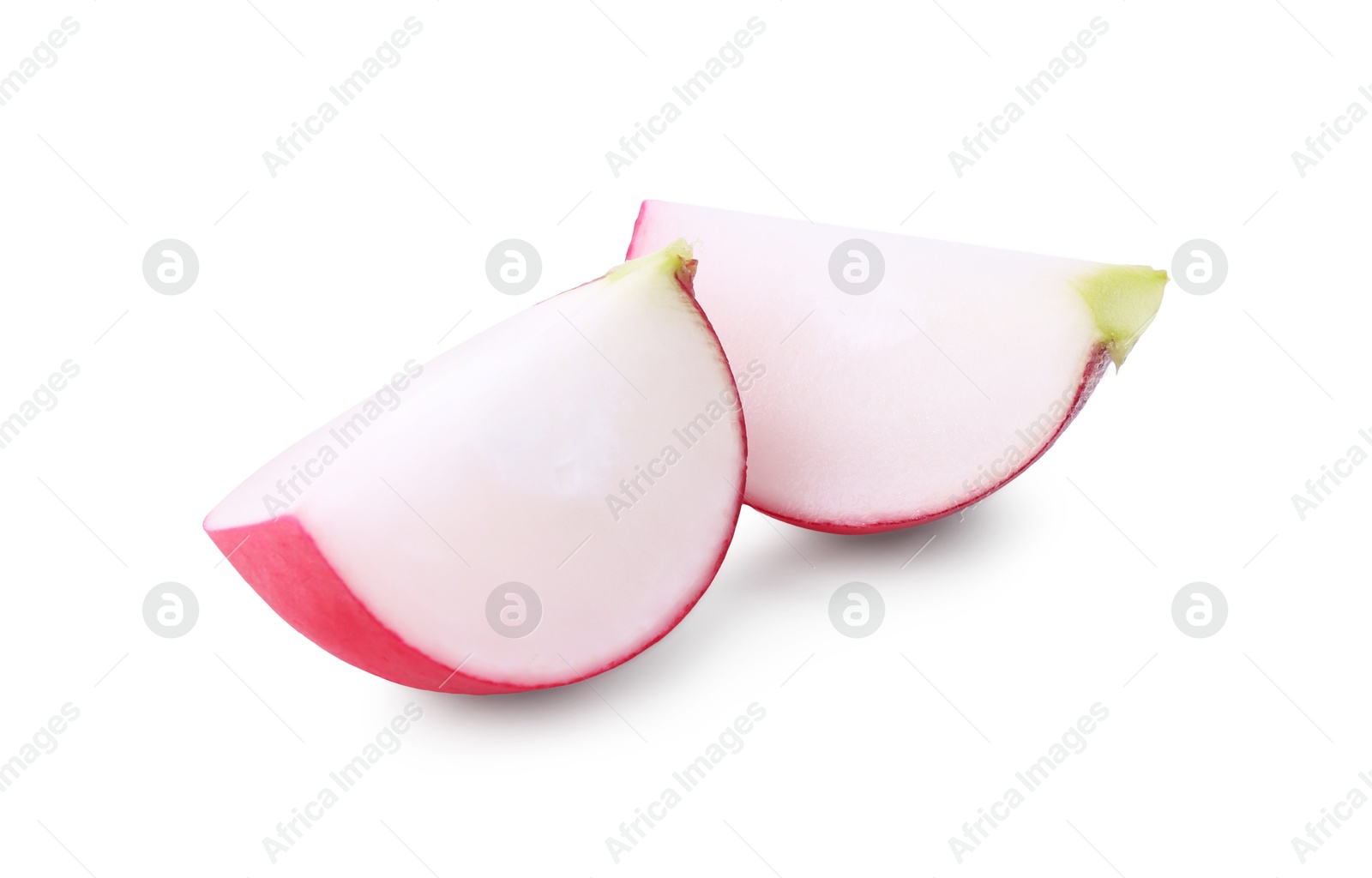 Photo of Slices of fresh ripe radish isolated on white