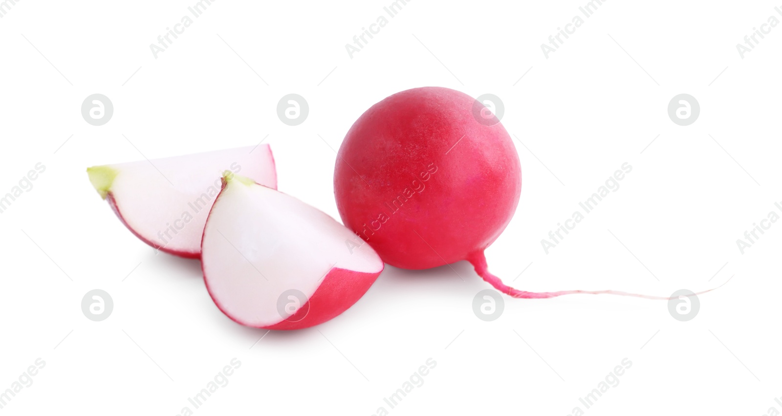 Photo of Whole and cut fresh ripe radishes isolated on white