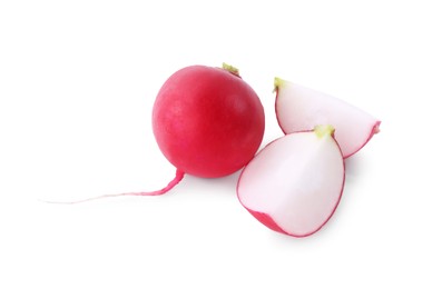 Photo of Whole and cut fresh ripe radishes isolated on white