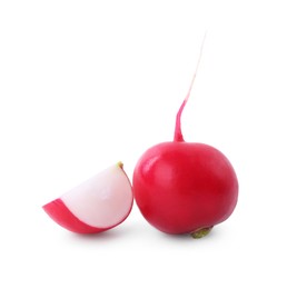 Photo of Whole and cut fresh ripe radishes isolated on white