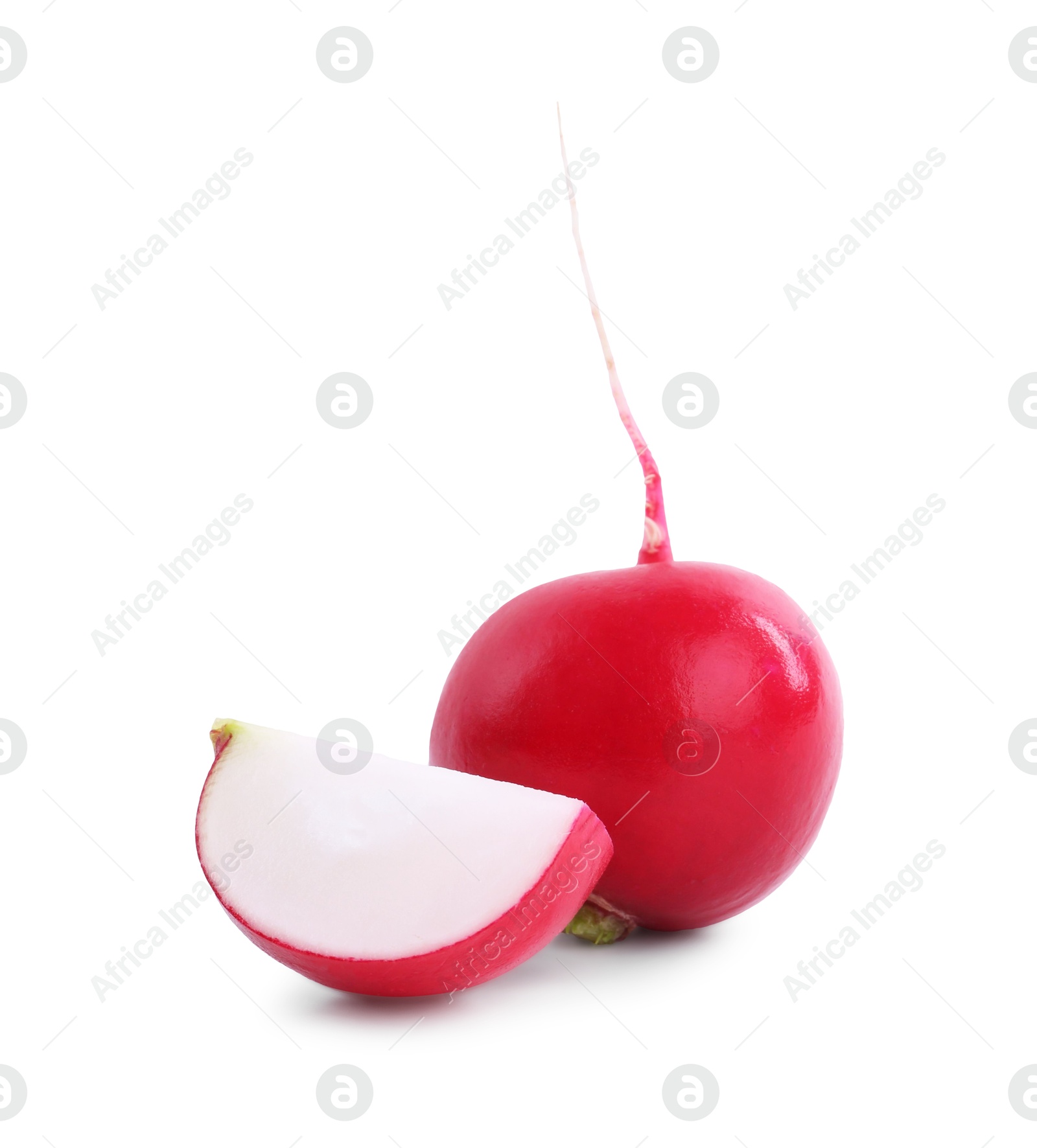 Photo of Whole and cut fresh ripe radishes isolated on white