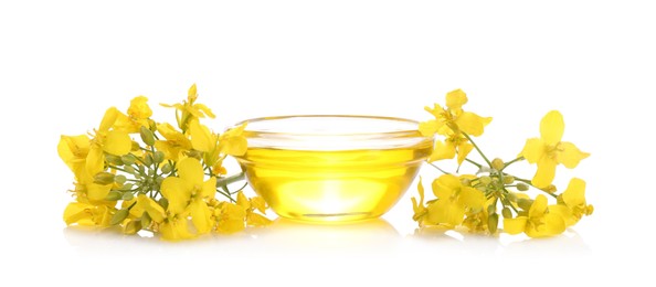 Photo of Rapeseed oil in glass bowl and yellow flowers isolated on white