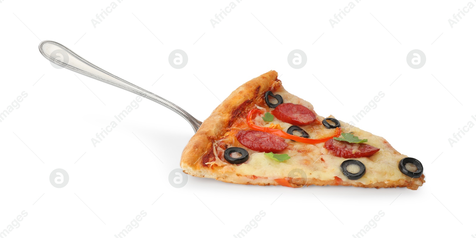 Photo of Piece of tasty pizza with dry smoked sausages, olives, pepper and parsley isolated on white