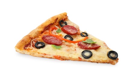 Piece of tasty pizza with dry smoked sausages, olives, pepper and parsley isolated on white