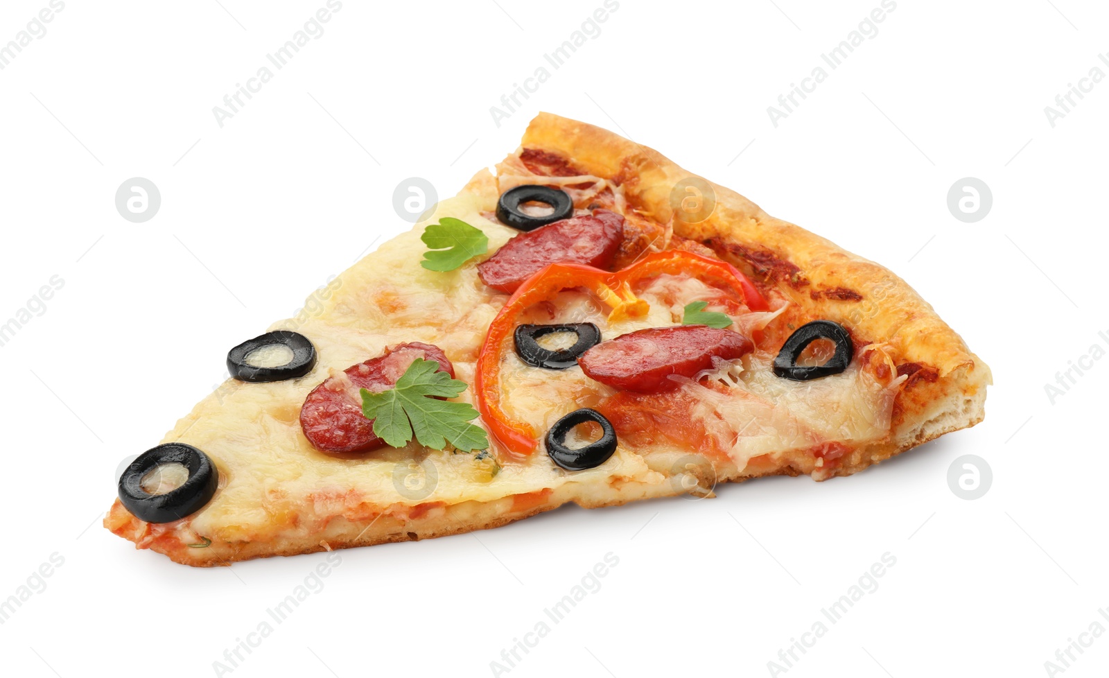 Photo of Piece of tasty pizza with dry smoked sausages, olives, pepper and parsley isolated on white