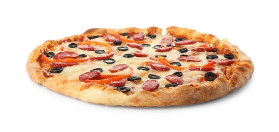 Photo of Tasty pizza with cheese, dry smoked sausages, olives and pepper isolated on white