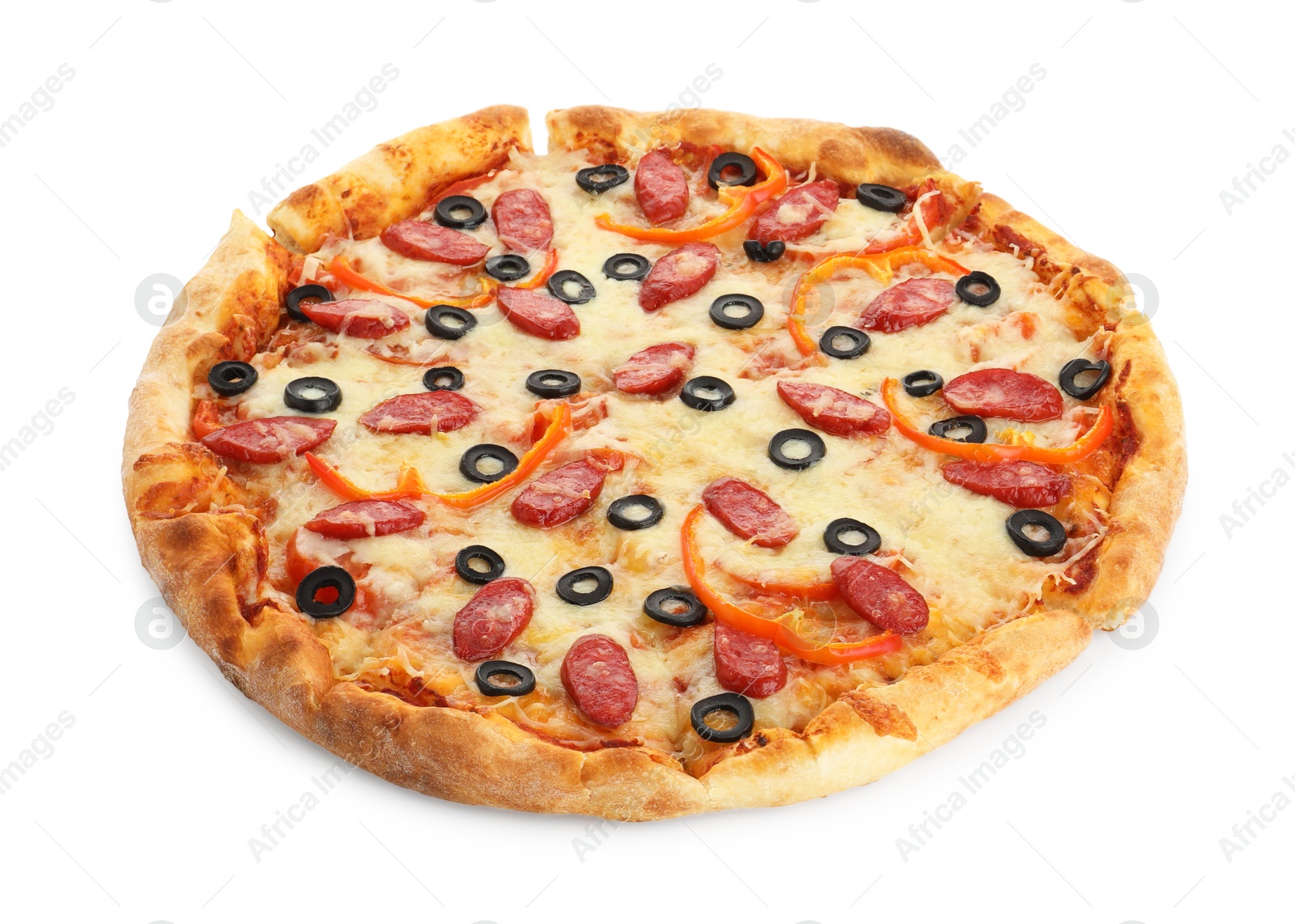 Photo of Tasty pizza with cheese, dry smoked sausages, olives and pepper isolated on white