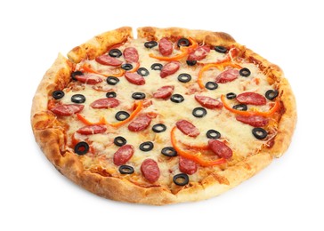 Photo of Tasty pizza with cheese, dry smoked sausages, olives and pepper isolated on white