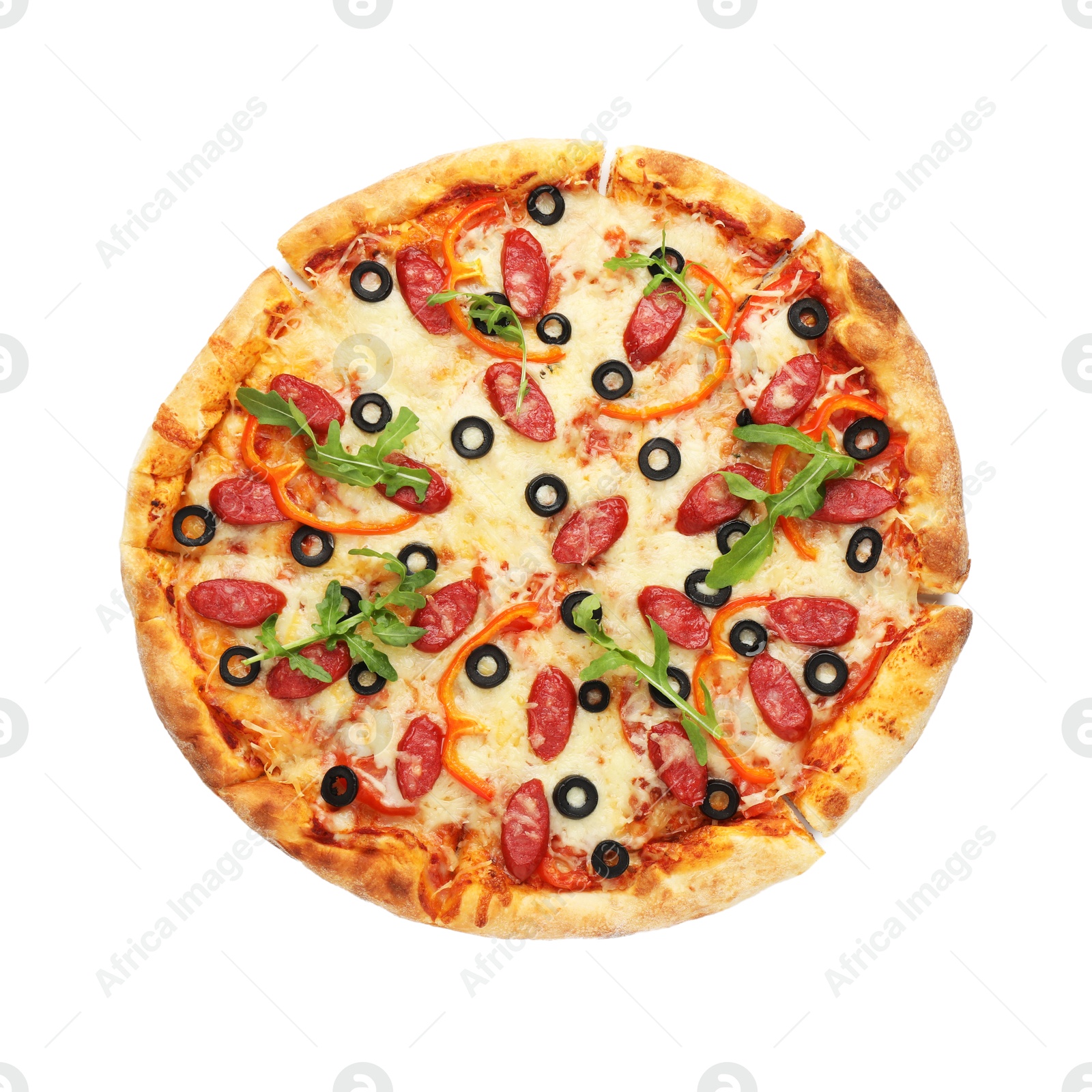 Photo of Tasty pizza with cheese, dry smoked sausages, olives, pepper and arugula isolated on white, top view