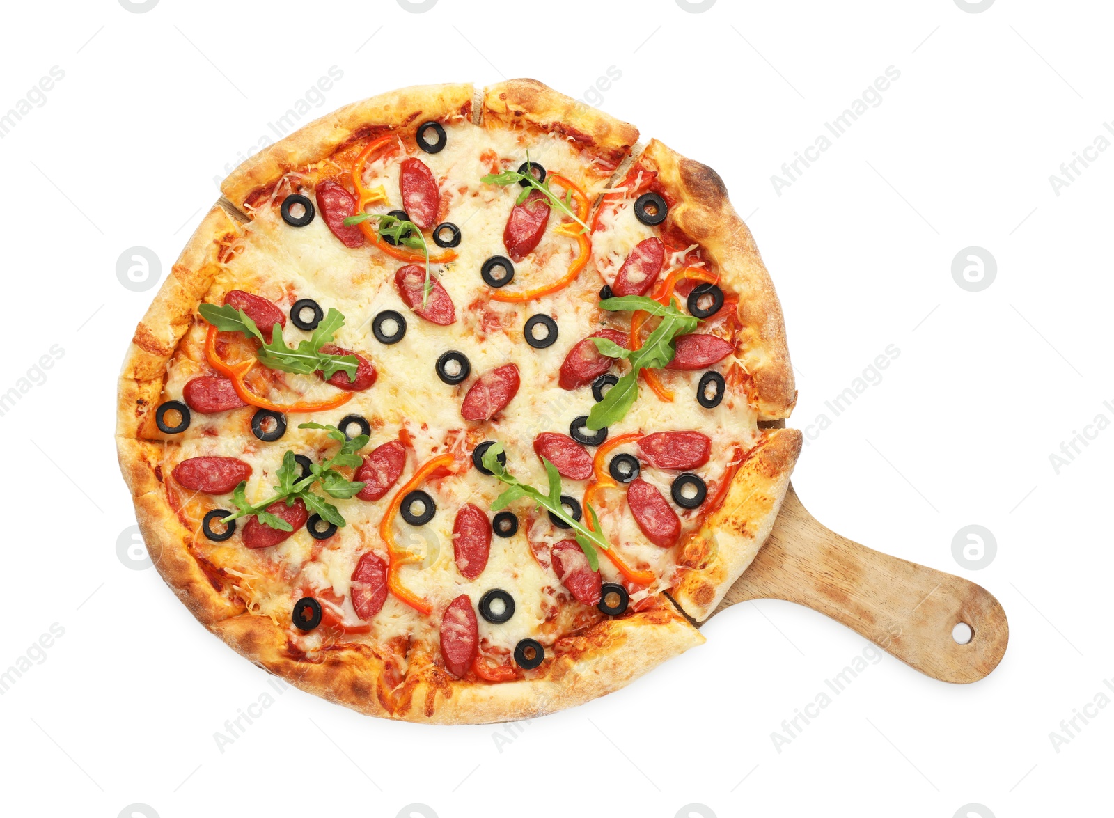 Photo of Tasty pizza with cheese, dry smoked sausages, olives, pepper and arugula isolated on white, top view