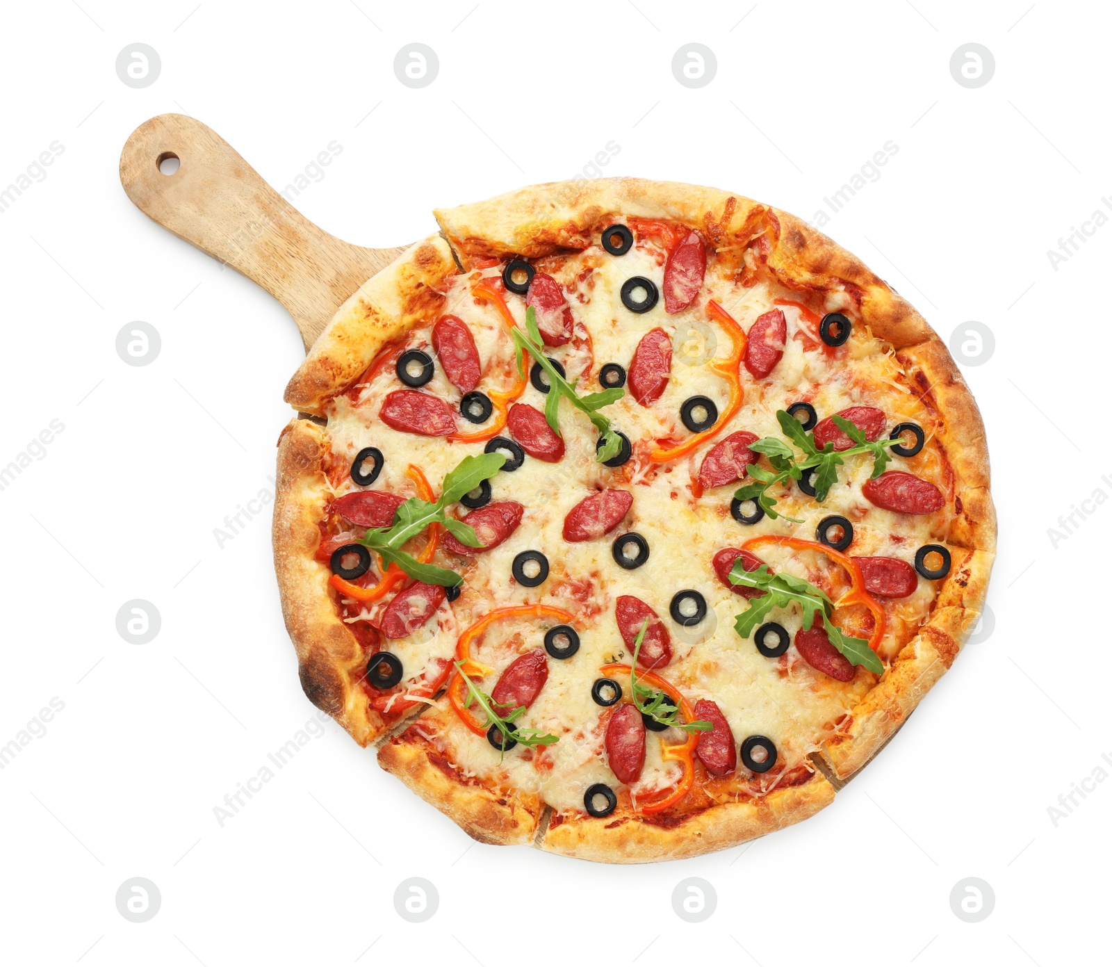 Photo of Tasty pizza with cheese, dry smoked sausages, olives, pepper and arugula isolated on white, top view