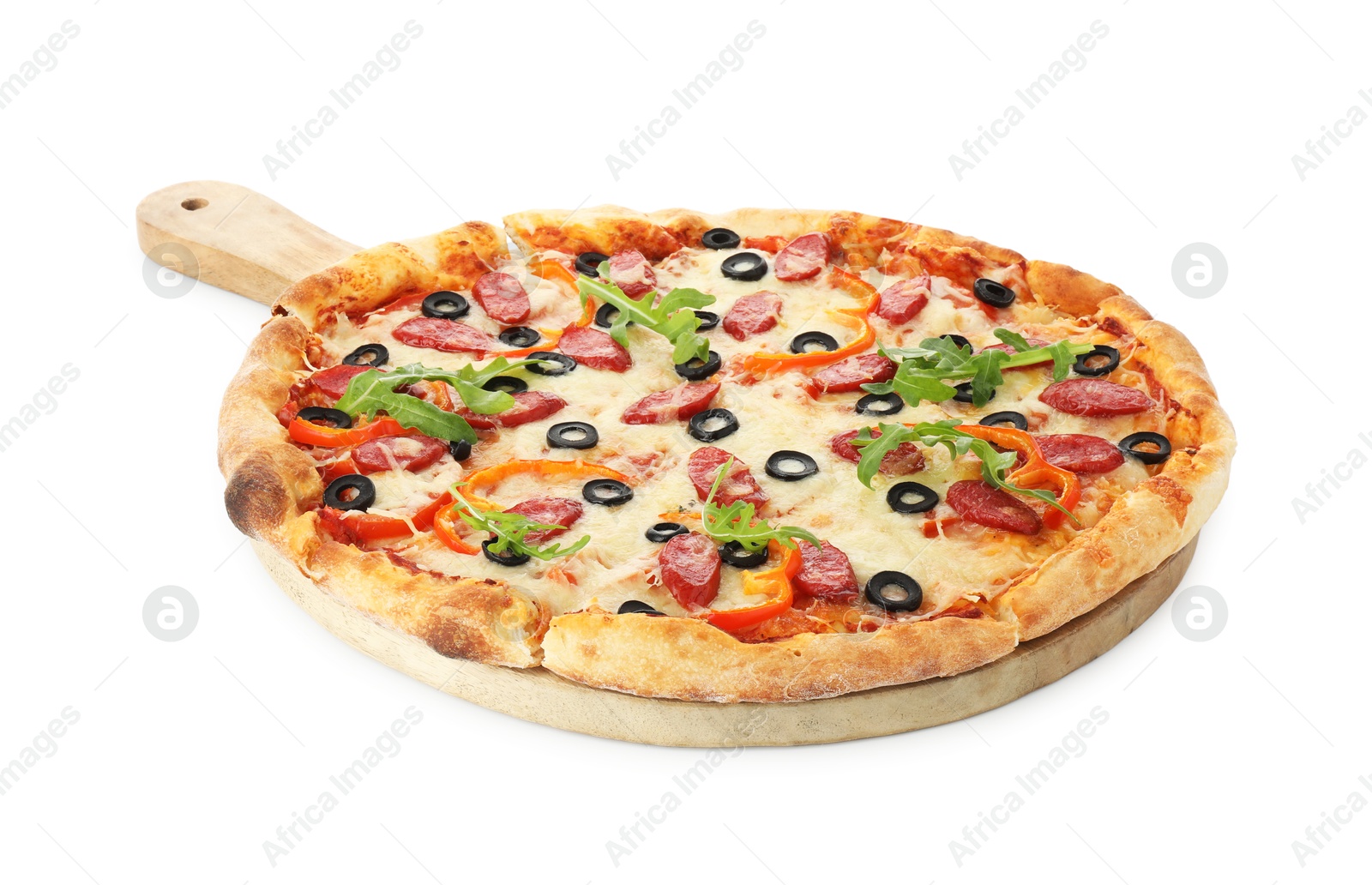 Photo of Tasty pizza with cheese, dry smoked sausages, olives, pepper and arugula isolated on white